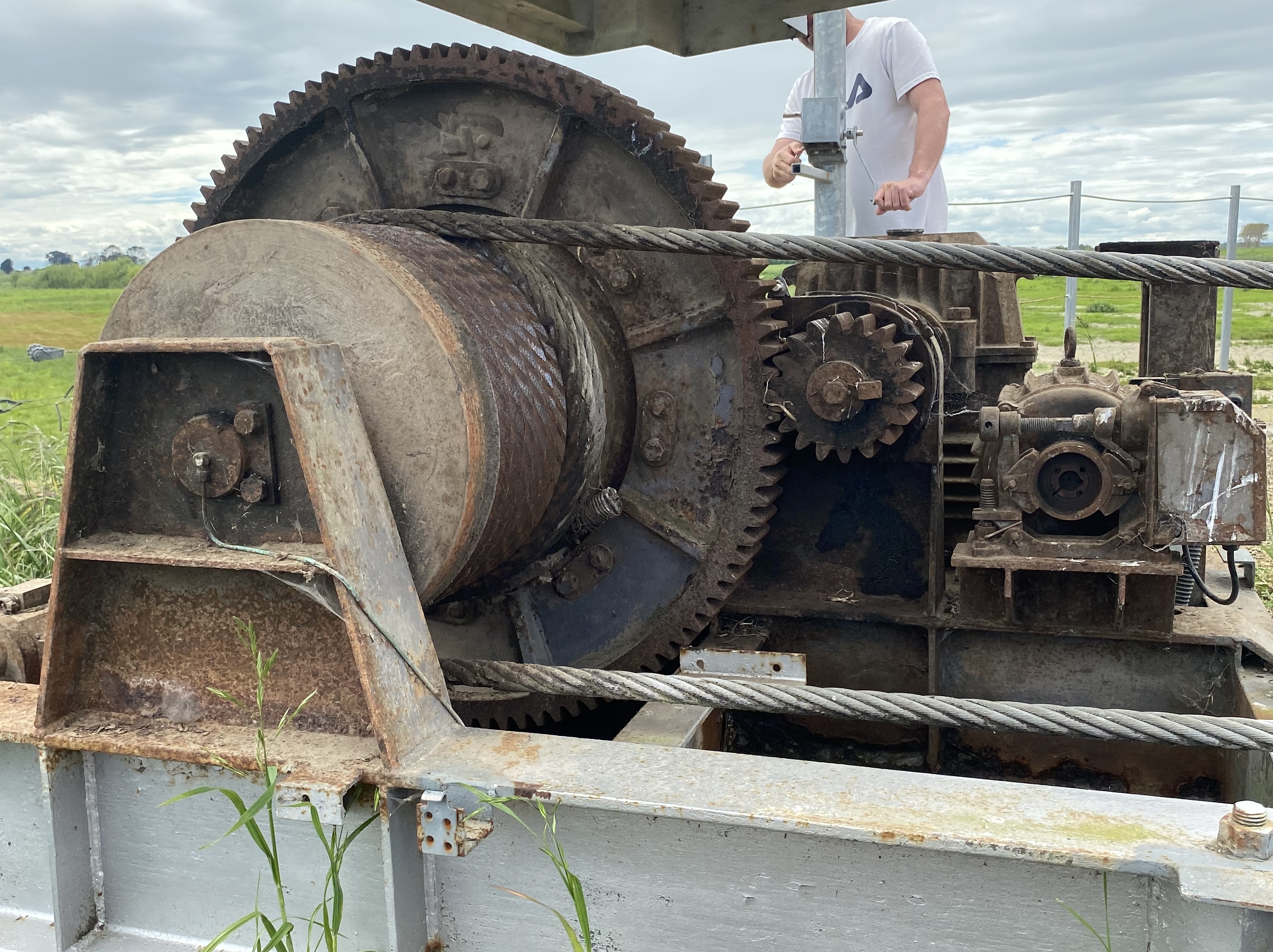 Close up of winch drum, motor and gear box.