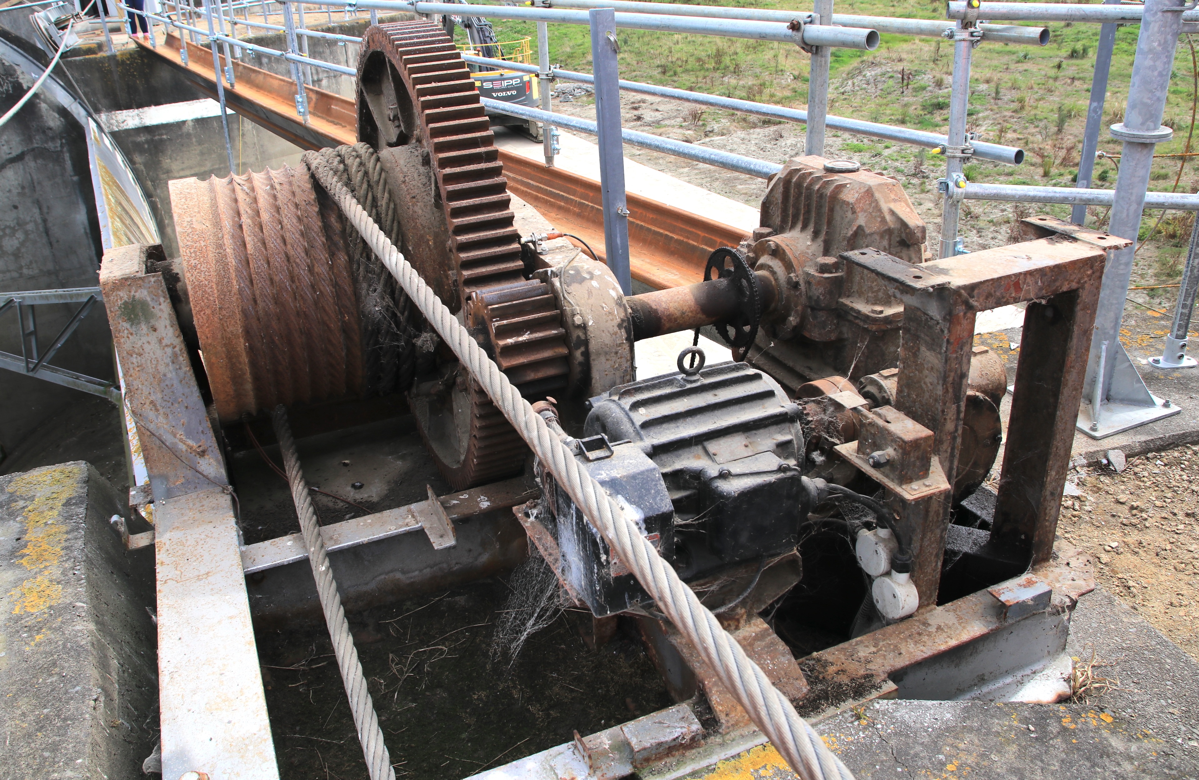 Close up of winch drum, motor and gear box.